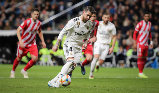 MADRID, SPAIN - JANUARY 24: Sergio Ramos of Real Madrid CF scores the second goal via a penalty shot during the Copa del Rey Quarter Final match between Real Madrid CF and Girona FC at Estadio Santiago Bernabeu on January 24, 2019 in Madrid, Spain. (Photo by Gonzalo Arroyo Moreno/Getty Images)
