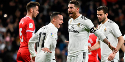 Real Madrid's Spanish defender Sergio Ramos (C) celebrates after scoring a penalty during the Spanish Copa del Rey (King's Cup) quarter-final first leg football match between Real Madrid CF and Girona FC at the Santiago Bernabeu stadium in Madrid on January 24, 2019. (Photo by JAVIER SORIANO / AFP) (Photo credit should read JAVIER SORIANO/AFP/Getty Images)
