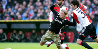 Feyenoord's Eric Botteghin (R) fights for the ball with Ajax's Kasper Dolberg (L) during the "De Klassieker" Eredivisie football match between Feyenoord Rotterdam and Ajax Amsterdam in Rotterdam, on January 27, 2019. (Photo by Olaf KRAAK / ANP / AFP) / Netherlands OUT (Photo credit should read OLAF KRAAK/AFP/Getty Images)