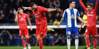 BARCELONA, SPAIN - JANUARY 27: Karim Benzema of Real Madrid celebrates after scoring his team's third goal during the La Liga match between RCD Espanyol and Real Madrid CF at RCDE Stadium on January 27, 2019 in Barcelona, Spain. (Photo by Alex Caparros/Getty Images)