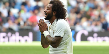 MADRID, SPAIN - OCTOBER 20: Marcelo of Real Madrid reacts during the La Liga match between Real Madrid CF and Levante UD at Estadio Santiago Bernabeu on October 20, 2018 in Madrid, Spain. (Photo by Denis Doyle/Getty Images)