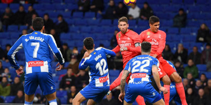 BARCELONA, SPAIN - JANUARY 27: Sergio Ramos of Real Madrid scores his team's first goal during the La Liga match between RCD Espanyol and Real Madrid CF at RCDE Stadium on January 27, 2019 in Barcelona, Spain. (Photo by Alex Caparros/Getty Images)