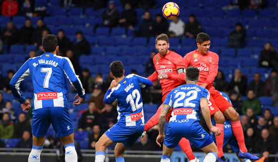 BARCELONA, SPAIN - JANUARY 27: Sergio Ramos of Real Madrid scores his team's first goal during the La Liga match between RCD Espanyol and Real Madrid CF at RCDE Stadium on January 27, 2019 in Barcelona, Spain. (Photo by Alex Caparros/Getty Images)