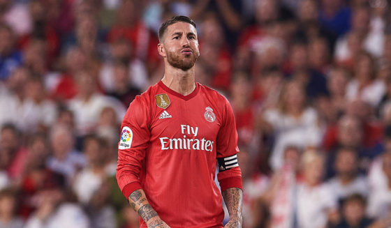 SEVILLE, SPAIN - SEPTEMBER 26: Sergio Ramos of Real Madrid CF reacts during the La Liga match between Sevilla FC and Real Madrid CF at Estadio Ramon Sanchez Pizjuan on September 26, 2018 in Seville, Spain. (Photo by Aitor Alcalde/Getty Images)