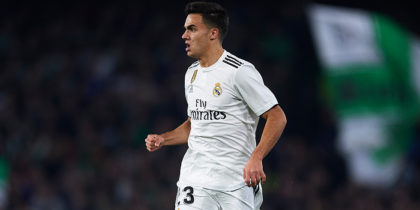 SEVILLE, SPAIN - JANUARY 13: Sergio Reguilon of Real Madrid CF in action during the La Liga match between Real Betis Balompie and Real Madrid CF at Estadio Benito Villamarin on January 13, 2019 in Seville, Spain. (Photo by Aitor Alcalde/Getty Images)