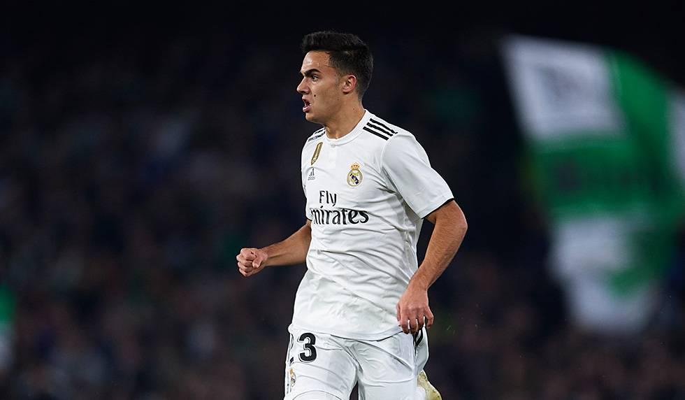 SEVILLE, SPAIN - JANUARY 13: Sergio Reguilon of Real Madrid CF in action during the La Liga match between Real Betis Balompie and Real Madrid CF at Estadio Benito Villamarin on January 13, 2019 in Seville, Spain. (Photo by Aitor Alcalde/Getty Images)