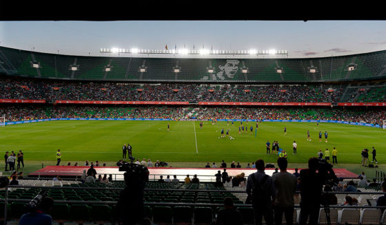 General view taken during a training session by Spain´s players at the Benito Villamarin stadium in Sevilla on October 14, 2018, on the eve of the UEFA Nations League football match between Spain and England. (Photo by CRISTINA QUICLER / AFP) (Photo credit should read CRISTINA QUICLER/AFP/Getty Images)