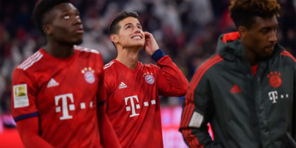Bayern Munich's Columbian midfielder James Rodriguez (C)is pictured during the German first division Bundesliga football match FC Bayern Munich vs VfB Stuttgart in the southern German city of Munich on January 27, 2019. (Photo by Guenter SCHIFFMANN / AFP) (Photo credit should read GUENTER SCHIFFMANN/AFP/Getty Images)