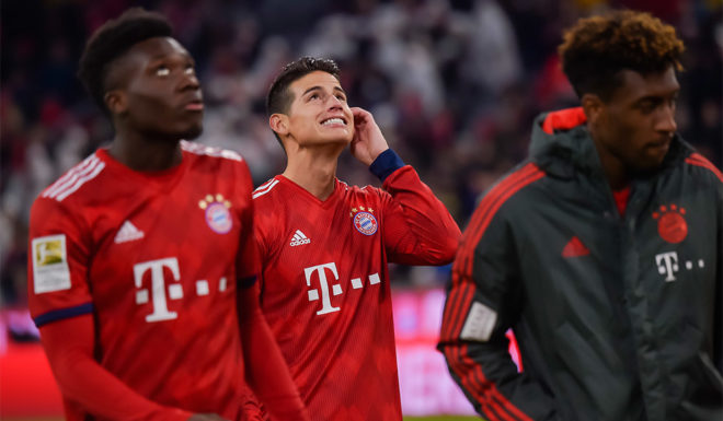 Bayern Munich's Columbian midfielder James Rodriguez (C)is pictured during the German first division Bundesliga football match FC Bayern Munich vs VfB Stuttgart in the southern German city of Munich on January 27, 2019. (Photo by Guenter SCHIFFMANN / AFP) (Photo credit should read GUENTER SCHIFFMANN/AFP/Getty Images)