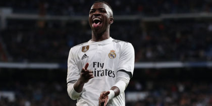 MADRID, SPAIN - JANUARY 24: Vinicius Junior of Real Madrid CF celebrates his team´s fourth goal during the Copa del Rey Quarter Final match between Real Madrid CF and Girona FC at Estadio Santiago Bernabeu on January 24, 2019 in Madrid, Spain. (Photo by Gonzalo Arroyo Moreno/Getty Images)