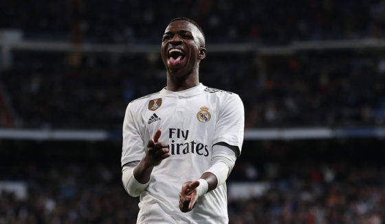 Vinícius Júnior MADRID, SPAIN - JANUARY 24: Vinicius Junior of Real Madrid CF celebrates his team´s fourth goal during the Copa del Rey Quarter Final match between Real Madrid CF and Girona FC at Estadio Santiago Bernabeu on January 24, 2019 in Madrid, Spain. (Photo by Gonzalo Arroyo Moreno/Getty Images)