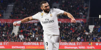 GIRONA, SPAIN - JANUARY 31: Karim Benzema of Real Madrid celebrates scoring to make it 1-0 during the Copa del Quarter Final match between Girona and Real Madrid at Montilivi Stadium on January 31, 2019 in Girona, Spain. (Photo by David Ramos/Getty Images )