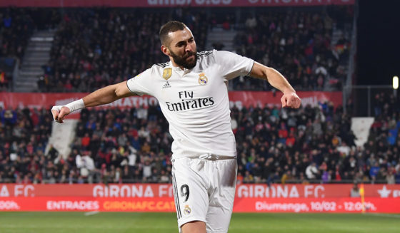 GIRONA, SPAIN - JANUARY 31: Karim Benzema of Real Madrid celebrates scoring to make it 1-0 during the Copa del Quarter Final match between Girona and Real Madrid at Montilivi Stadium on January 31, 2019 in Girona, Spain. (Photo by David Ramos/Getty Images )