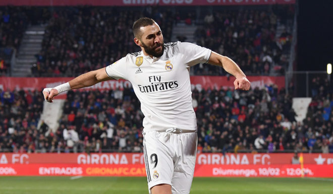 GIRONA, SPAIN - JANUARY 31: Karim Benzema of Real Madrid celebrates scoring to make it 1-0 during the Copa del Quarter Final match between Girona and Real Madrid at Montilivi Stadium on January 31, 2019 in Girona, Spain. (Photo by David Ramos/Getty Images )