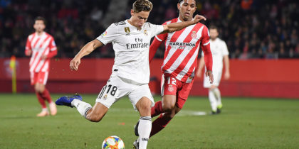 GIRONA, SPAIN - JANUARY 31: Marcos Llorente of Real Madrid scores to make it 3-1 during the Copa del Quarter Final match between Girona and Real Madrid at Montilivi Stadium on January 31, 2019 in Girona, Spain. (Photo by David Ramos/Getty Images )