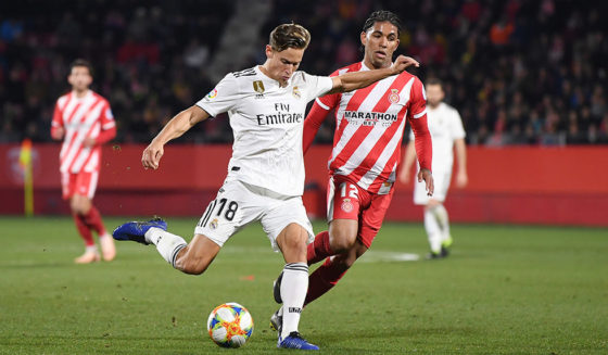 GIRONA, SPAIN - JANUARY 31: Marcos Llorente of Real Madrid scores to make it 3-1 during the Copa del Quarter Final match between Girona and Real Madrid at Montilivi Stadium on January 31, 2019 in Girona, Spain. (Photo by David Ramos/Getty Images )