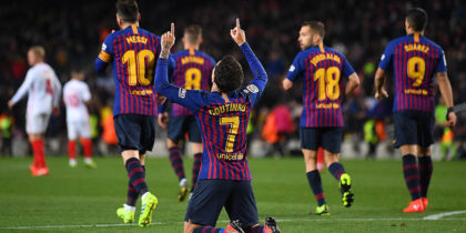 BARCELONA, SPAIN - JANUARY 30: Philippe Coutinho of Barcelona celebrates scoring his sides third goal during the Copa del Rey Quarter Final second leg match between FC Barcelona and Sevilla FC at Nou Camp on January 30, 2019 in Barcelona, Spain. (Photo by David Ramos/Getty Images)