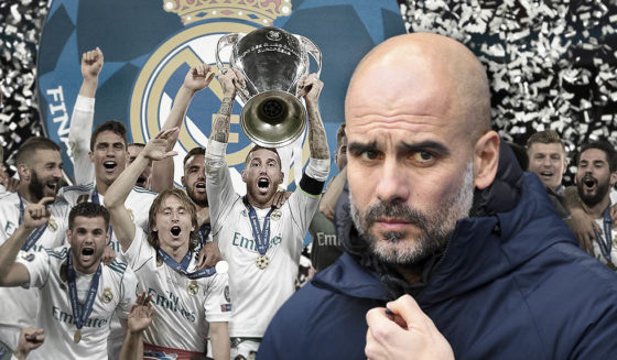 TOPSHOT - Real Madrid's Spanish defender Sergio Ramos (C) holds the trophy after winning the UEFA Champions League final football match between Liverpool and Real Madrid at the Olympic Stadium in Kiev, Ukraine on May 26, 2018. - Real Madrid defeated Liverpool 3-1. (Photo by LLUIS GENE / AFP) (Photo credit should read LLUIS GENE/AFP/Getty Images)