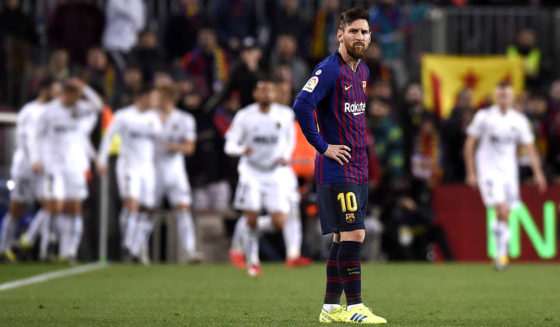 BARCELONA, SPAIN - FEBRUARY 02: Lionel Messi of Barcelona looks dejected after Daniel Parejo of Valencia (not pictured) scored their second goal during the La Liga match between FC Barcelona and Valencia CF at Camp Nou on February 2, 2019 in Barcelona, Spain. (Photo by Alex Caparros/Getty Images)