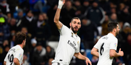 Real Madrid's French forward Karim Benzema celebrates scoring the opening goal during the Spanish league football match Real Madrid CF against Club Deportivo Alaves at the Santiago Bernabeu stadium in Madrid on February 3, 2019. (Photo by GABRIEL BOUYS / AFP) (Photo credit should read GABRIEL BOUYS/AFP/Getty Images)