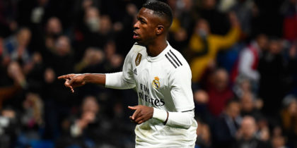 Real Madrid's Brazilian forward Vinicius Junior celebrates his goal during the Spanish league football match Real Madrid CF against Club Deportivo Alaves at the Santiago Bernabeu stadium in Madrid on February 3, 2019. (Photo by GABRIEL BOUYS / AFP) (Photo credit should read GABRIEL BOUYS/AFP/Getty Images)