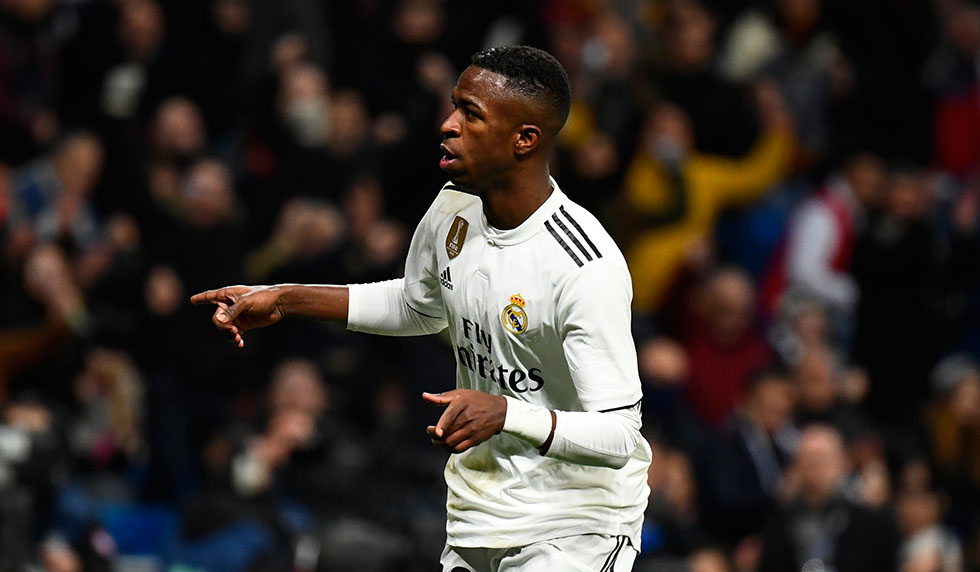 Real Madrid's Brazilian forward Vinicius Junior celebrates his goal during the Spanish league football match Real Madrid CF against Club Deportivo Alaves at the Santiago Bernabeu stadium in Madrid on February 3, 2019. (Photo by GABRIEL BOUYS / AFP) (Photo credit should read GABRIEL BOUYS/AFP/Getty Images)