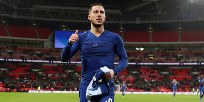 LONDON, ENGLAND - JANUARY 08: Eden Hazard of Chelsea acknowledges the fans after the Carabao Cup Semi-Final First Leg match between Tottenham Hotspur and Chelsea at Wembley Stadium on January 8, 2019 in London, England. (Photo by Julian Finney/Getty Images)