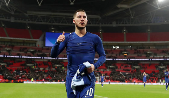 LONDON, ENGLAND - JANUARY 08: Eden Hazard of Chelsea acknowledges the fans after the Carabao Cup Semi-Final First Leg match between Tottenham Hotspur and Chelsea at Wembley Stadium on January 8, 2019 in London, England. (Photo by Julian Finney/Getty Images)