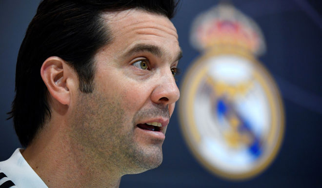 Real Madrid's Argentinian coach Santiago Solari holds a press conference at the club's training ground in the outskirts of Madrid on February 5, 2019 on the eve of the Copa del Rey semi-final football match between Barcelona and Real Madrid. (Photo by GABRIEL BOUYS / AFP) (Photo credit should read GABRIEL BOUYS/AFP/Getty Images)