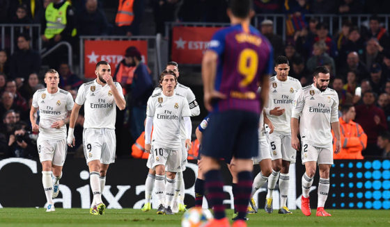 BARCELONA, SPAIN - FEBRUARY 06: Real Madrid CF Players celebrate after Lucas Vazquez of Real Madrid CF scored his team's first goal past Marc-Andre ter Stegen (L) and Clement Lenglet of FC Barcelona during the Copa del Semi Final first leg match between Barcelona and Real Madrid at Nou Camp on February 06, 2019 in Barcelona, Spain. (Photo by Alex Caparros/Getty Images)