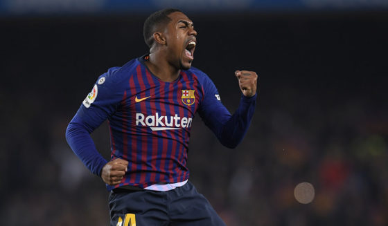 Barcelona's Brazilian midfielder Malcom celebrates after scoring during the Spanish Copa del Rey (King's Cup) semi-final first leg football match between FC Barcelona and Real Madrid CF at the Camp Nou stadium in Barcelona on February 6, 2019. (Photo by LLUIS GENE / AFP) (Photo credit should read LLUIS GENE/AFP/Getty Images)