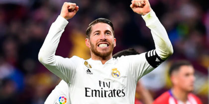 Real Madrid's Spanish defender Sergio Ramos celebrates at the end of the Spanish league football match between Club Atletico de Madrid and Real Madrid CF at the Wanda Metropolitano stadium in Madrid on February 9, 2019. (Photo by GABRIEL BOUYS / AFP) (Photo credit should read GABRIEL BOUYS/AFP/Getty Images)