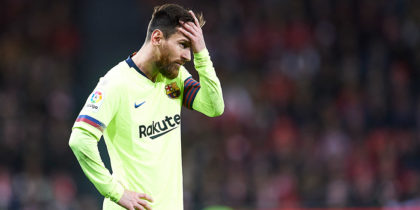 BILBAO, SPAIN - FEBRUARY 10: Lionel Messi of FC Barcelona looks on during the La Liga match between Athletic Club and FC Barcelona at San Mames Stadium on February 10, 2019 in Bilbao, Spain. (Photo by Juan Manuel Serrano Arce/Getty Images)