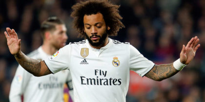 Real Madrid's Brazilian defender Marcelo gestures during the Spanish Copa del Rey (King's Cup) semi-final first leg football match between FC Barcelona and Real Madrid CF at the Camp Nou stadium in Barcelona on February 6, 2019. (Photo by Pau Barrena / AFP) (Photo credit should read PAU BARRENA/AFP/Getty Images)