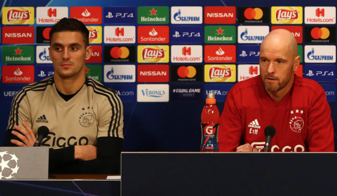 AMSTERDAM, NETHERLANDS - FEBRUARY 12: Dusan Tadic and Erik Ten Hag, Manager of Ajax attend an Ajax press conference at Johan Cruyff Arena on February 12, 2019 in Amsterdam, Netherlands. (Photo by Dean Mouhtaropoulos/Getty Images)