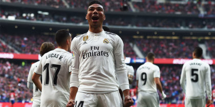 MADRID, SPAIN - FEBRUARY 09: Henrique Casemiro of Real Madrid celebrates after scoring Real's opening goal during the La Liga match between Club Atletico de Madrid and Real Madrid CF at Wanda Metropolitano on February 09, 2019 in Madrid, Spain. (Photo by Denis Doyle/Getty Images)