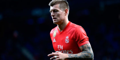 Real Madrid's German midfielder Toni Kroos runs during the Spanish league football match between RCD Espanyol and Real Madrid CF at the RCDE Stadium in Cornella de Llobregat on January 27, 2019. (Photo by Josep LAGO / AFP) (Photo credit should read JOSEP LAGO/AFP/Getty Images)