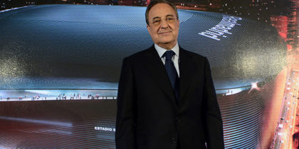 Real Madrid chairman, Florentino Perez poses during the presentation of the tender winners and the project details to build a new Santiago Bernabeu football stadium on january 31, 2014 in Madrid. German firm GMP Architekten with Spanish companies L -35 and Ribas & Ribas won the 400million euro tender ahead of Swiss Rafael Moneo and Herzog & de Meuron, Norman Foster & Rafael de la Hoz , and Carlos Lamela & Populous. AFP PHOTO / JAVIER SORIANO (Photo credit should read JAVIER SORIANO/AFP/Getty Images)