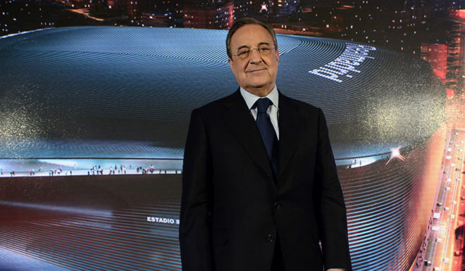 Real Madrid chairman, Florentino Perez poses during the presentation of the tender winners and the project details to build a new Santiago Bernabeu football stadium on january 31, 2014 in Madrid. German firm GMP Architekten with Spanish companies L -35 and Ribas & Ribas won the 400million euro tender ahead of Swiss Rafael Moneo and Herzog & de Meuron, Norman Foster & Rafael de la Hoz , and Carlos Lamela & Populous. AFP PHOTO / JAVIER SORIANO (Photo credit should read JAVIER SORIANO/AFP/Getty Images)