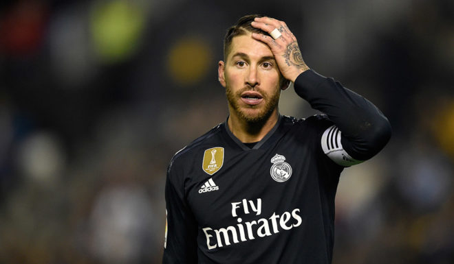 Real Madrid's Spanish defender Sergio Ramos gestures during the Spanish league football match between RC Celta de Vigo and Real Madrid CF at the Balaidos stadium in Vigo on November 11, 2018. (Photo by MIGUEL RIOPA / AFP) (Photo credit should read MIGUEL RIOPA/AFP/Getty Images)