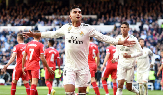 MADRID, SPAIN - FEBRUARY 17: Casemiro of Real Madrid celebrates after scoring his team's first goal during the La Liga match between Real Madrid CF and Girona FC at Estadio Santiago Bernabeu on February 17, 2019 in Madrid, Spain. (Photo by Denis Doyle/Getty Images)