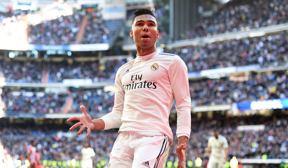 MADRID, SPAIN - FEBRUARY 17: Casemiro of Real Madrid celebrates after scoring his team's first goal during the La Liga match between Real Madrid CF and Girona FC at Estadio Santiago Bernabeu on February 17, 2019 in Madrid, Spain. (Photo by Denis Doyle/Getty Images)