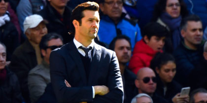 Real Madrid's Argentinian coach Santiago Solari observes the Spanish League football match between Real Madrid and Girona at the Santiago Bernabeu stadium in Madrid on February 17, 2019. (Photo by GABRIEL BOUYS / AFP) (Photo credit should read GABRIEL BOUYS/AFP/Getty Images)