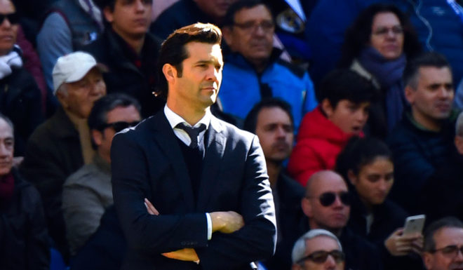 Real Madrid's Argentinian coach Santiago Solari observes the Spanish League football match between Real Madrid and Girona at the Santiago Bernabeu stadium in Madrid on February 17, 2019. (Photo by GABRIEL BOUYS / AFP) (Photo credit should read GABRIEL BOUYS/AFP/Getty Images)