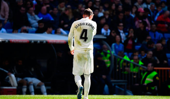 Real Madrid's Spanish defender Sergio Ramos walks off the pitch after receiving a red card during the Spanish League football match between Real Madrid and Girona at the Santiago Bernabeu stadium in Madrid on February 17, 2019. (Photo by GABRIEL BOUYS / AFP) (Photo credit should read GABRIEL BOUYS/AFP/Getty Images)