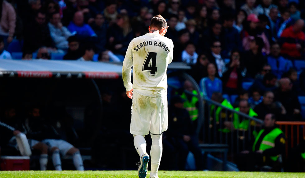 Real Madrid's Spanish defender Sergio Ramos walks off the pitch after receiving a red card during the Spanish League football match between Real Madrid and Girona at the Santiago Bernabeu stadium in Madrid on February 17, 2019. (Photo by GABRIEL BOUYS / AFP) (Photo credit should read GABRIEL BOUYS/AFP/Getty Images)