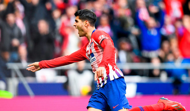 Atletico Madrid's Spanish forward Alvaro Morata celebrates a goal that was later ruled offside during the Spanish league football match between Club Atletico de Madrid and Real Madrid CF at the Wanda Metropolitano stadium in Madrid on February 9, 2019. (Photo by GABRIEL BOUYS / AFP) (Photo credit should read GABRIEL BOUYS/AFP/Getty Images)