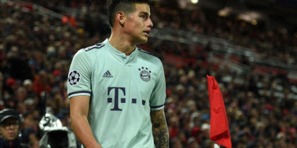 Bayern Munich's Colombian midfielder James Rodriguez looks on during the UEFA Champions League round of 16, first leg football match between Liverpool and Bayern Munich at Anfield stadium in Liverpool, north-west England on February 19, 2019. - The game finished 0-0. (Photo by Oli SCARFF / AFP) (Photo credit should read OLI SCARFF/AFP/Getty Images)