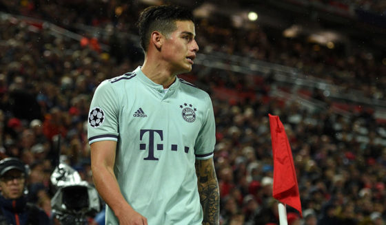 Bayern Munich's Colombian midfielder James Rodriguez looks on during the UEFA Champions League round of 16, first leg football match between Liverpool and Bayern Munich at Anfield stadium in Liverpool, north-west England on February 19, 2019. - The game finished 0-0. (Photo by Oli SCARFF / AFP) (Photo credit should read OLI SCARFF/AFP/Getty Images)
