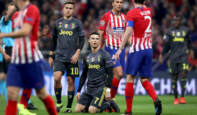 MADRID, SPAIN - FEBRUARY 20: Cristiano Ronaldo of Juventus reacts during the UEFA Champions League Round of 16 First Leg match between Club Atletico de Madrid and Juventus at Estadio Wanda Metropolitano on February 20, 2019 in Madrid, Spain. (Photo by Angel Martinez/Getty Images)